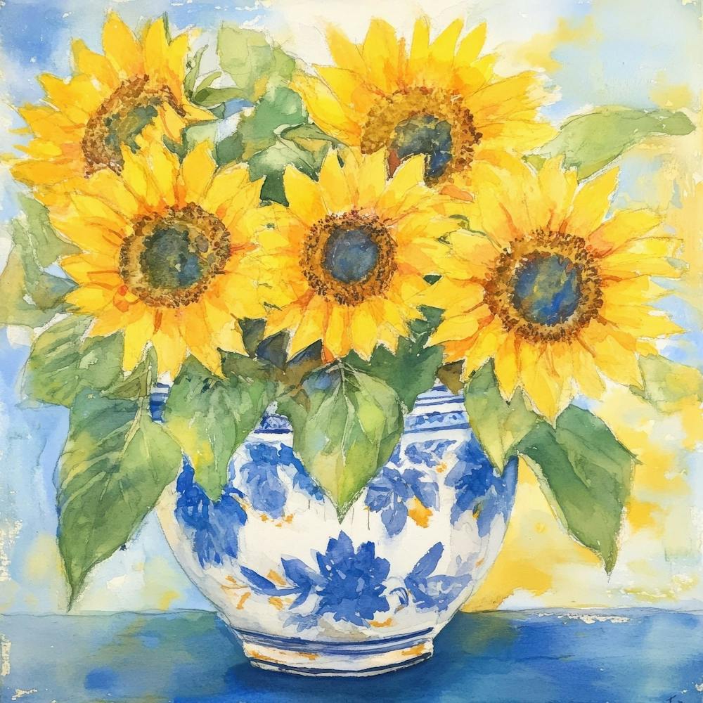 Sunflowers In A Blue And White Vase