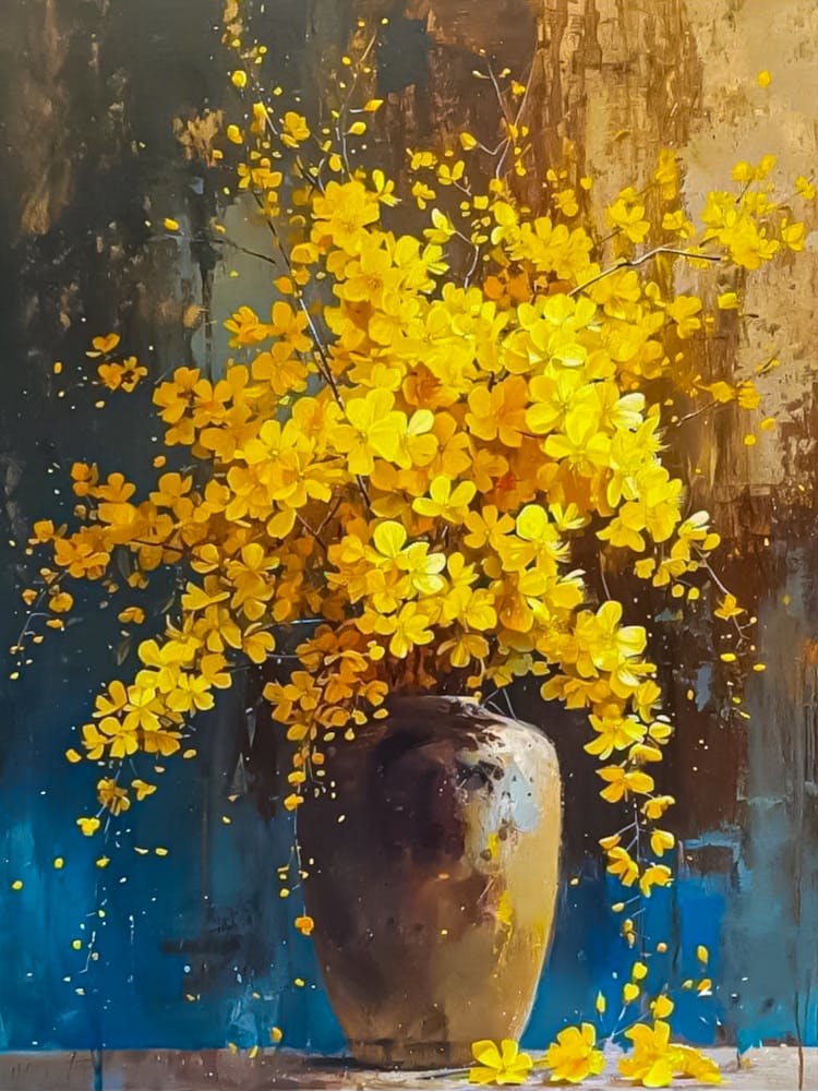 Yellow Flowers in a Vase on Blue Background Still Life Modern Oil ...
