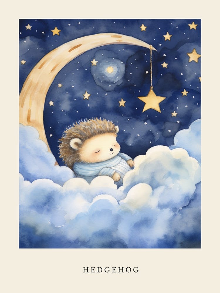 Baby Hedgehog 2 Sleeping In The Clouds Nursery Poster