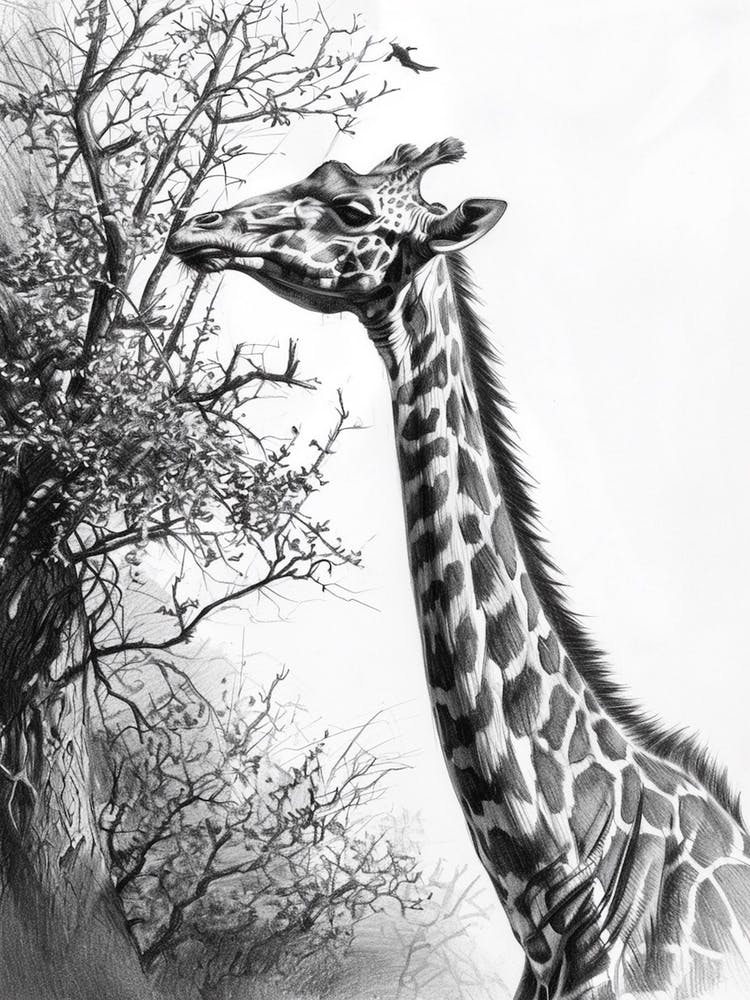 Giraffe mit Kopf in den Ästen Bleistiftzeichnung 7