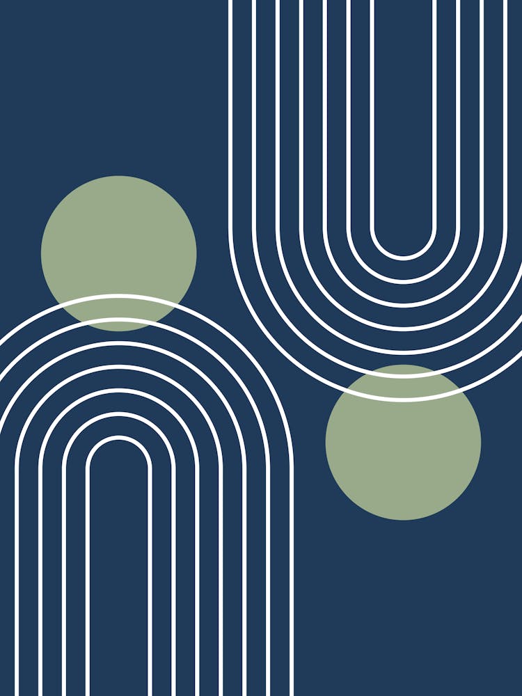 Géométrique Moderne du Milieu du Siècle En Bleu Marine Et Vert Sauge (Abstrait Arc-en-ciel Et Soleil) 01