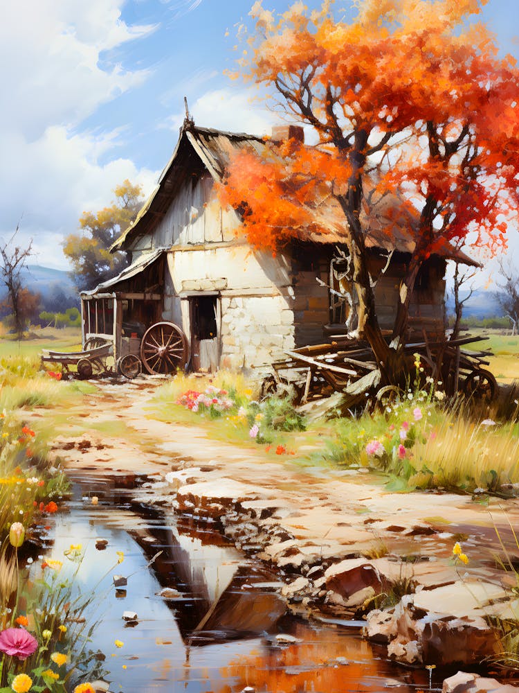 Rustic Autumn Cabin Digital Landscape Art With Warm Fall Colors