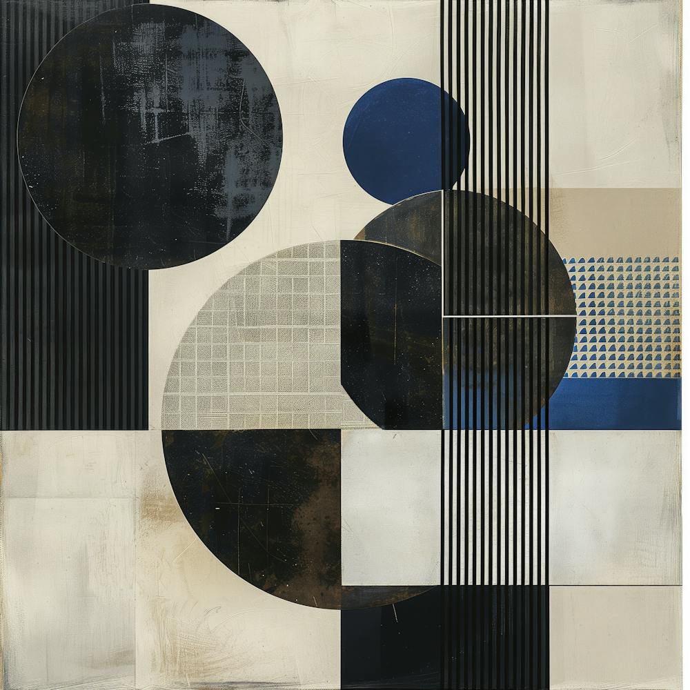 Abstraktes Geometrisches Gemälde - Blaue, Beige und Schwarze Kreise, Quadrate und Linien