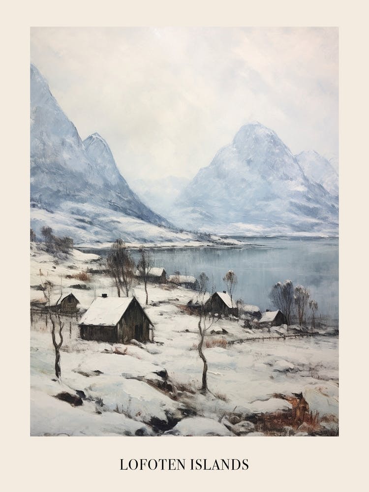 Vintage Winter Painting Poster Lofoten Islands Norway