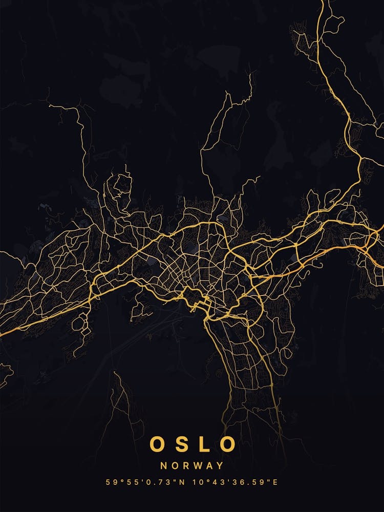 Oslo Norway Black And Gold Map