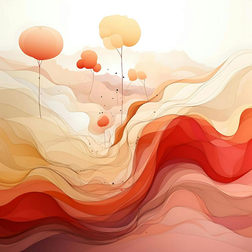 Abstract Autumnal Landscape With Flowing Red And Orange Hills And Stylized Trees