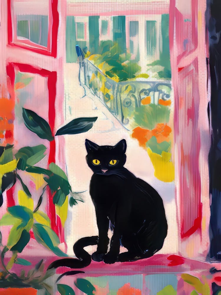 Cat In Open Window Print Henri Matisse Inspired Fauvism Painting Modern Colorful Poster Black Cat Print Floral Print