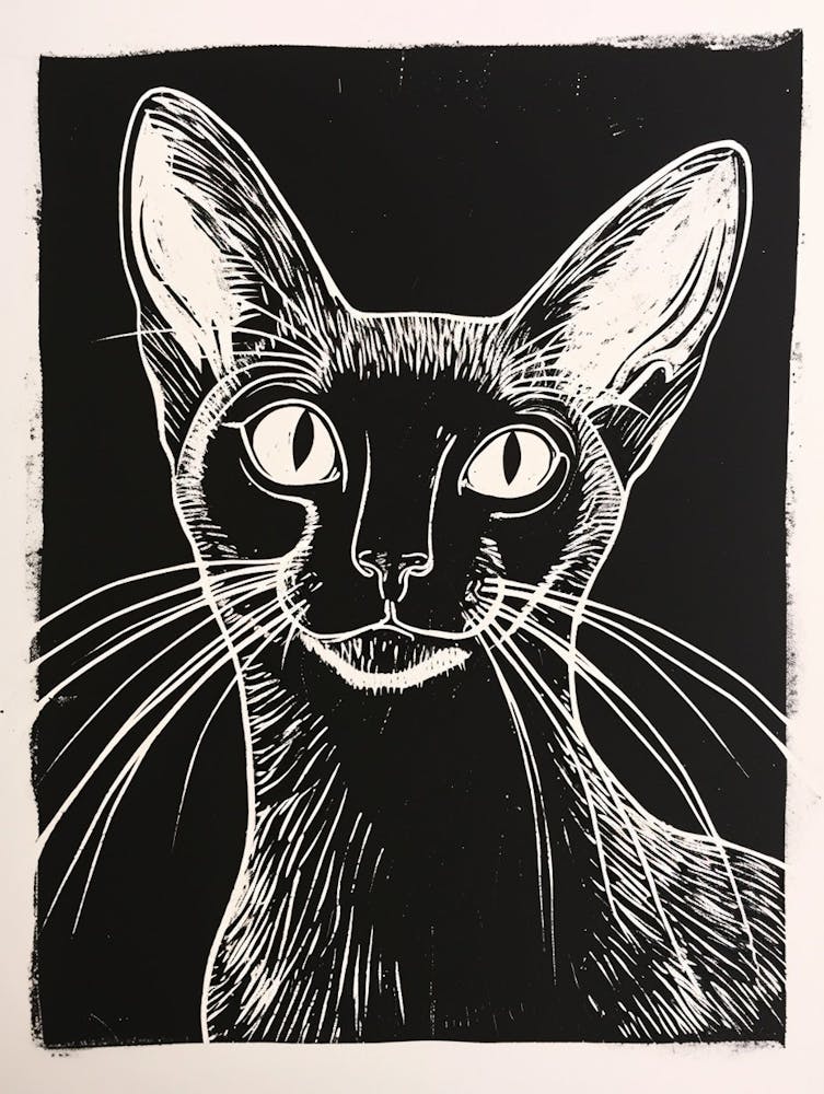 Abyssinian Cat Linocut Blockprint 2