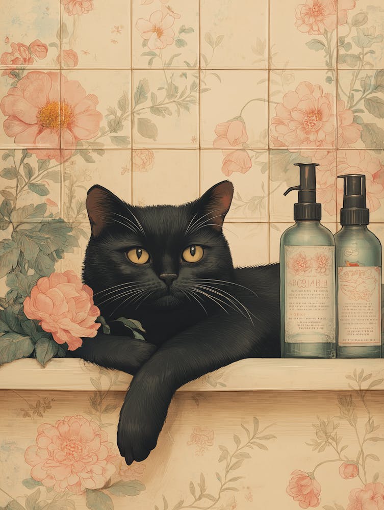 Schwarze Katze in einer Badewanne, Japanische Badezimmer-Wandkunst