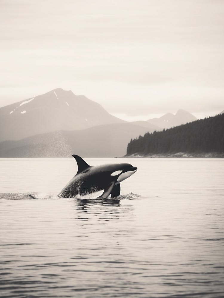 Realistic Black & White Photography Of Orca Whale Diving Out Of Ocean 1