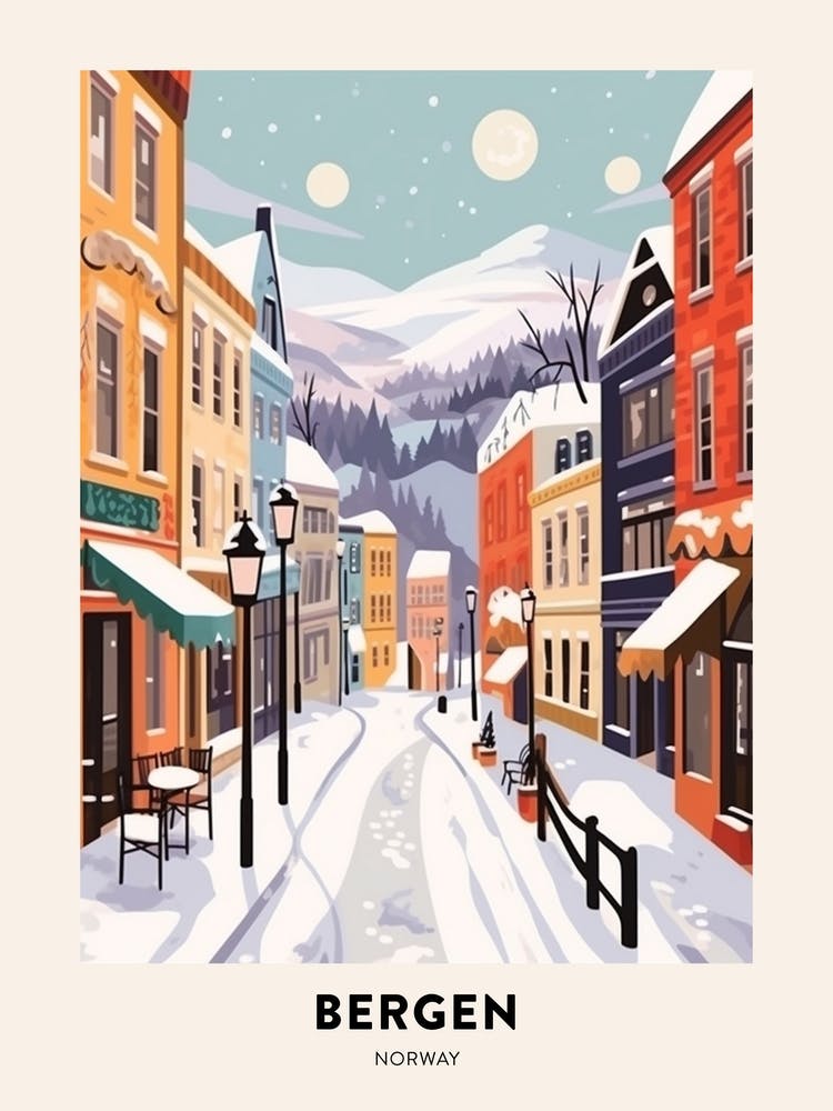 Vintage Winter Travel Poster Bergen Norway 2