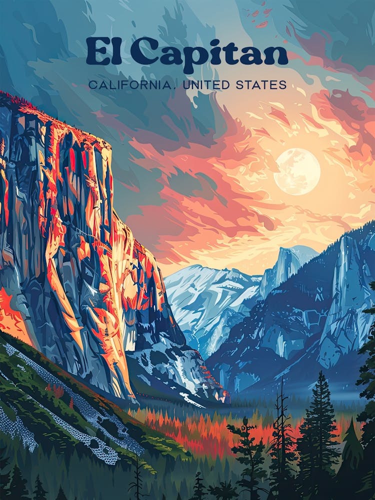 El Capitan Yosemite National Park Mountain View Art Illustration