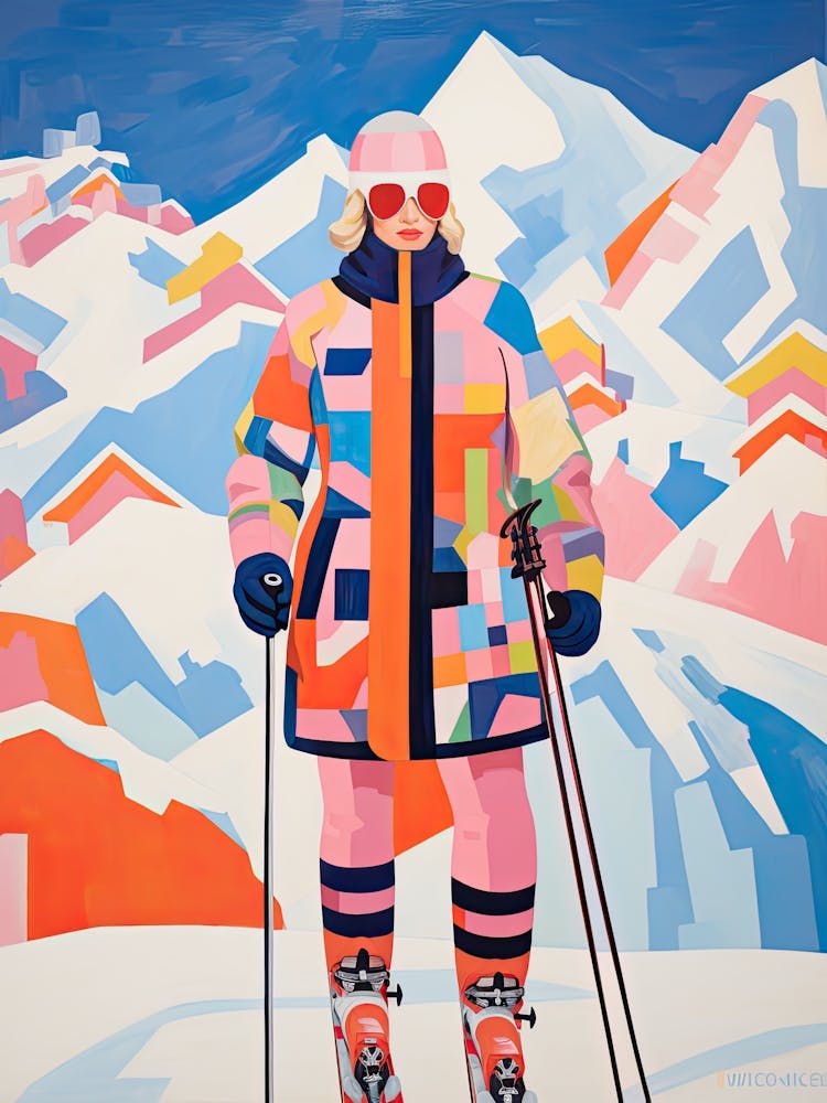 Skiing Woman Colourful Illustration