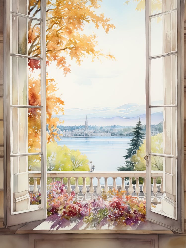 Window View Of Geneva Switzerland In Autumn Fall, Watercolour 4