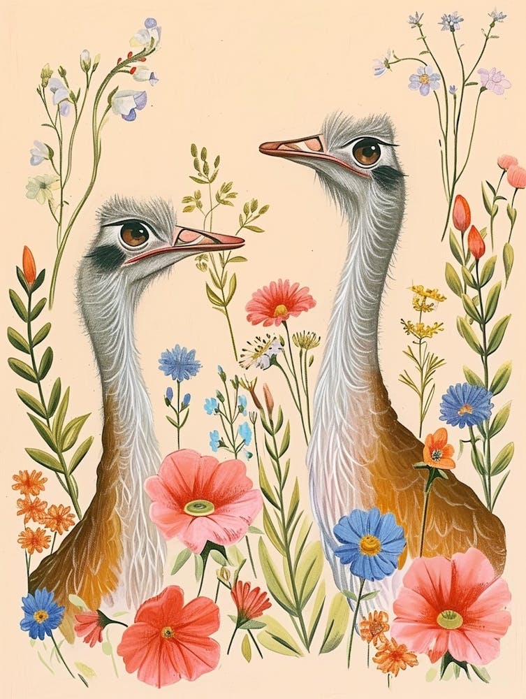 Folksy Floral Animal Drawing Ostrich