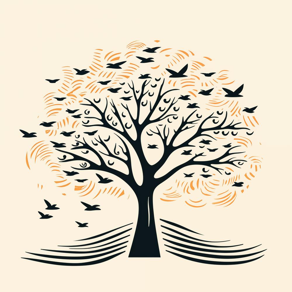 Birds Flying Under Tree Illustration