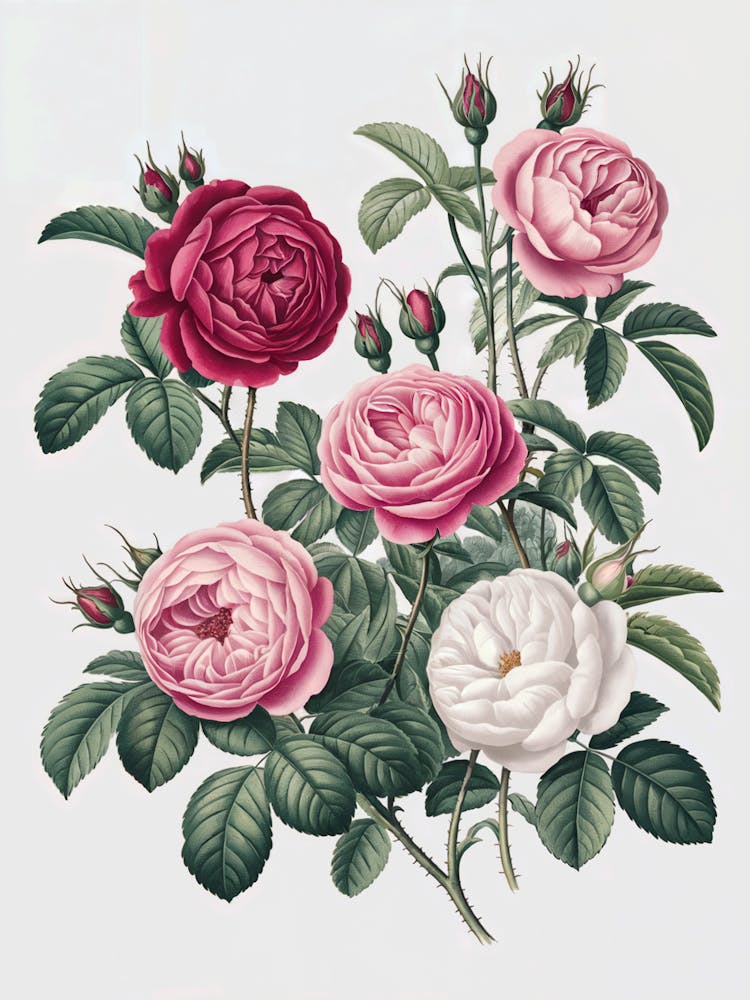 Eine botanische Illustration verschiedener Rosensorten