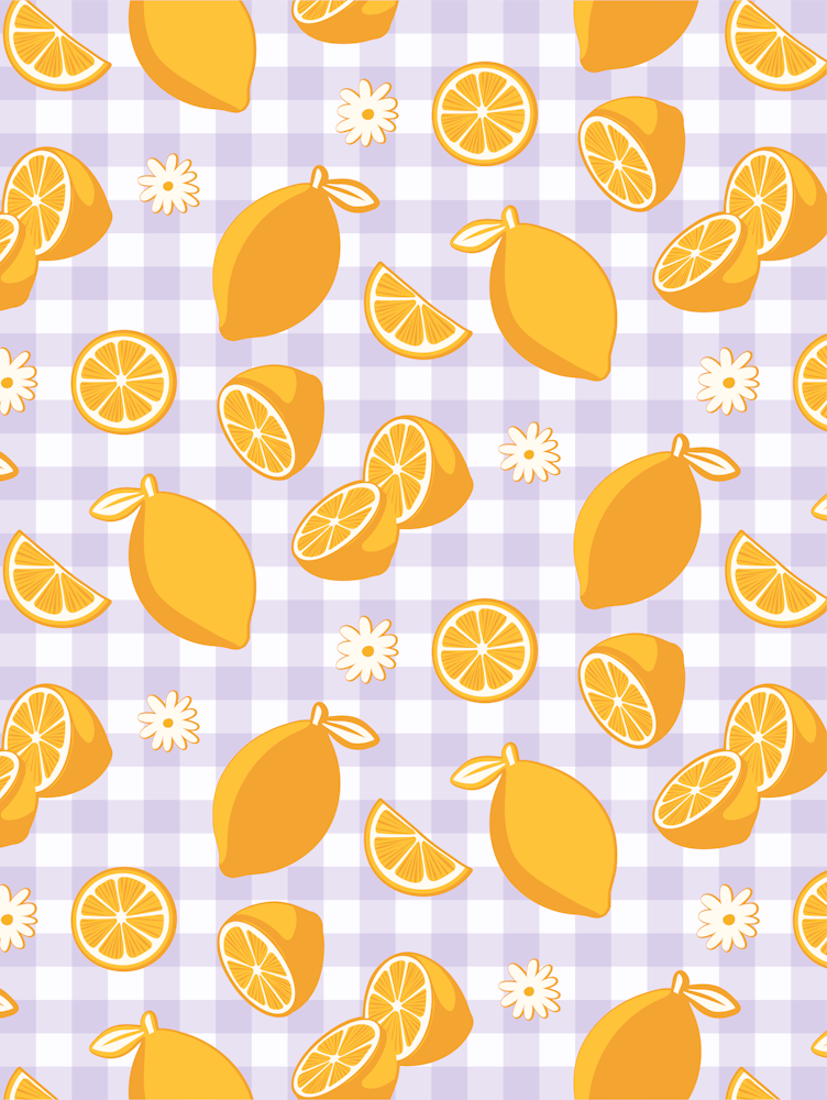 Lemon Pattern on Lilac Purple Gingham