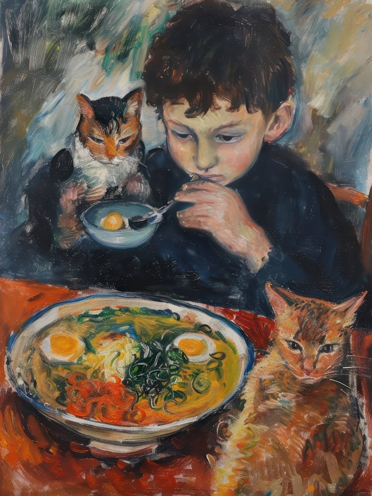 Portrait Of A Boy With Cats Having Ramen 2