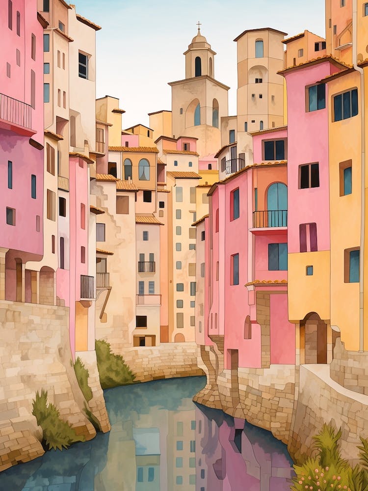 Girona Spain 2 Vintage Pink Travel Illustration