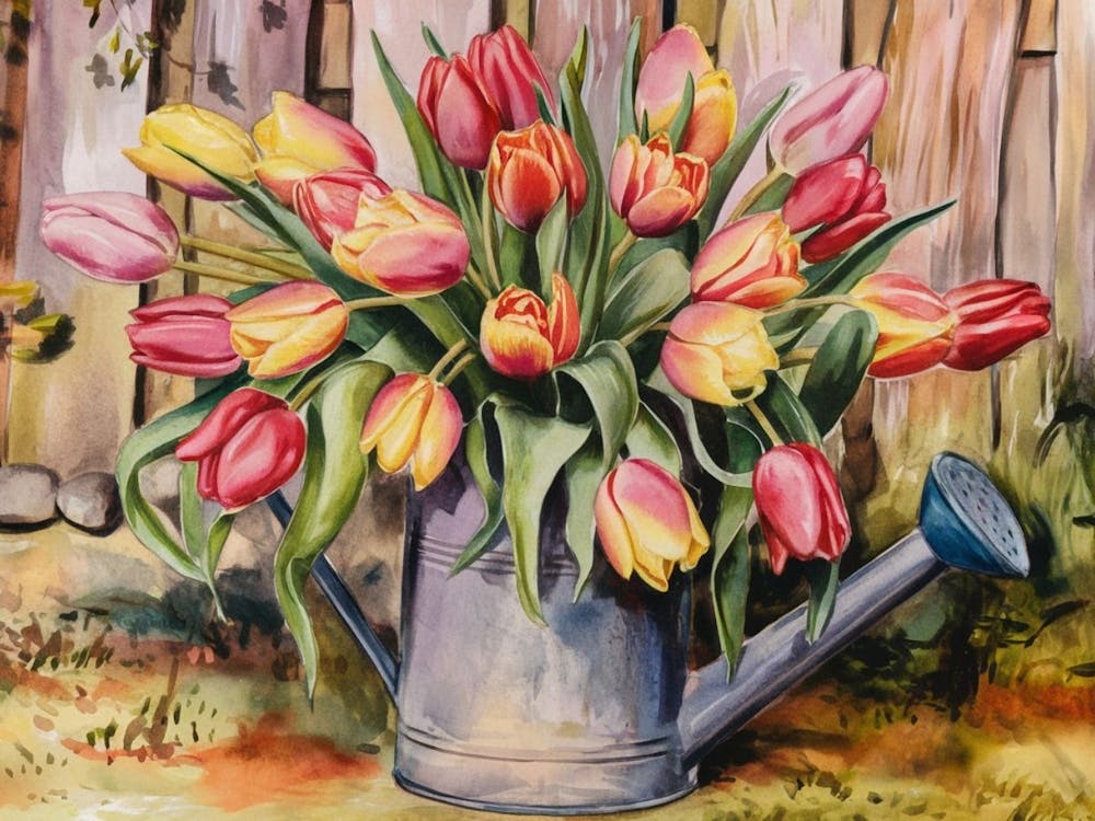Rustic Tulips in Watering Can - Floral Still Life 1