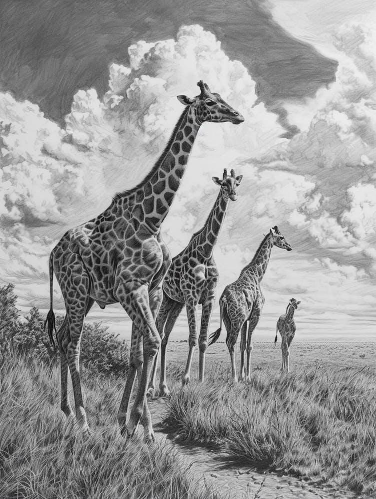 Giraffe Walking Down The Path Pencil Drawing 3
