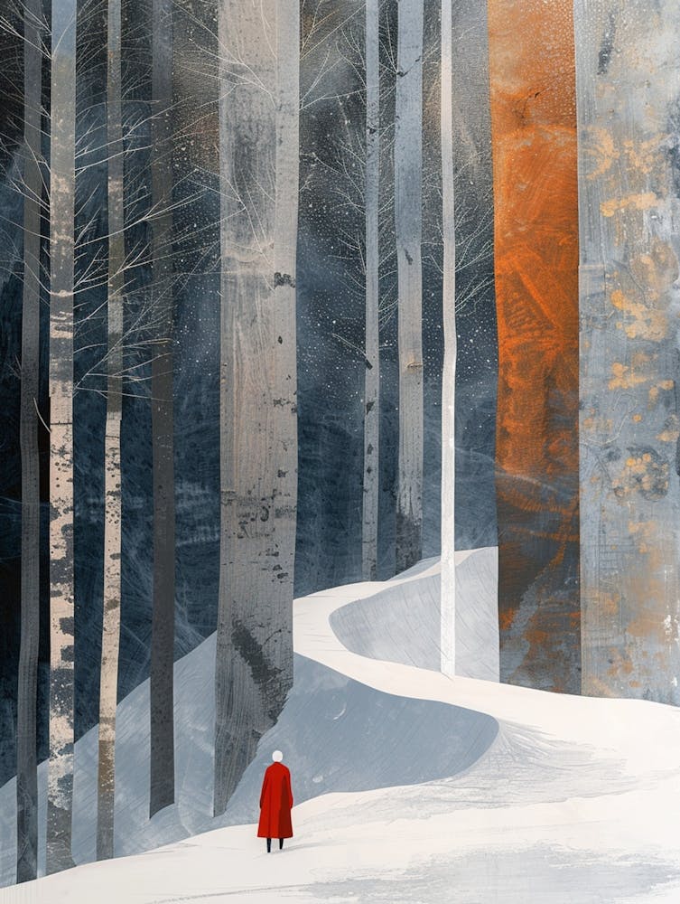 A Short White Hair Girl In Red In The Distance, Several Straight Hanging Gradient Fabrics, Windblown, Snow And Iced Ocean, Funturistic Architecture Background, Silver Leaf Art, Glitter Drawing, White And Blu