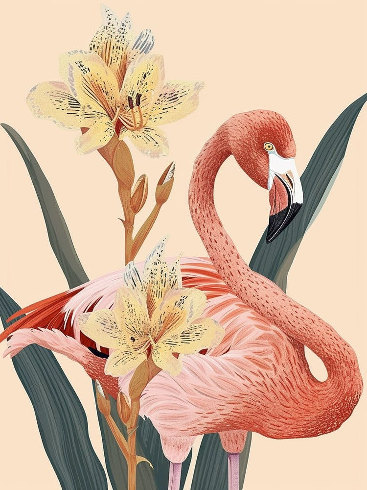 Lesser Flamingo And Canna Lily Minimalist Illustration 3