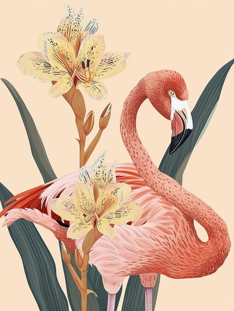 Lesser Flamingo And Canna Lily Minimalist Illustration 3