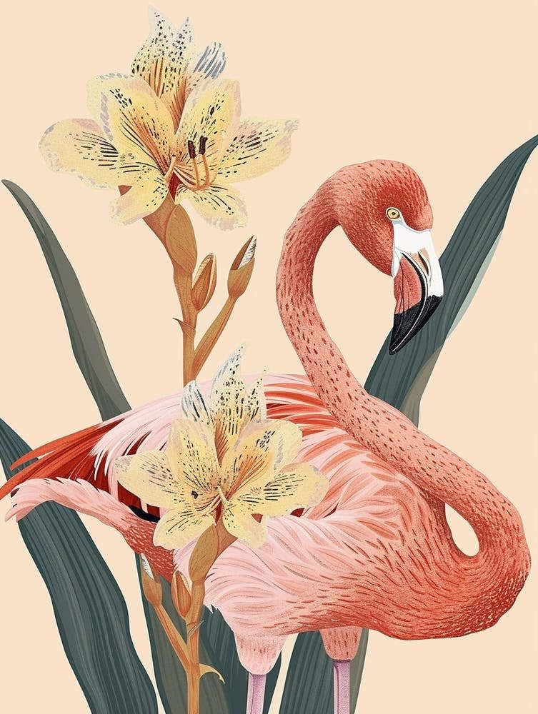 Lesser Flamingo And Canna Lily Minimalist Illustration 3