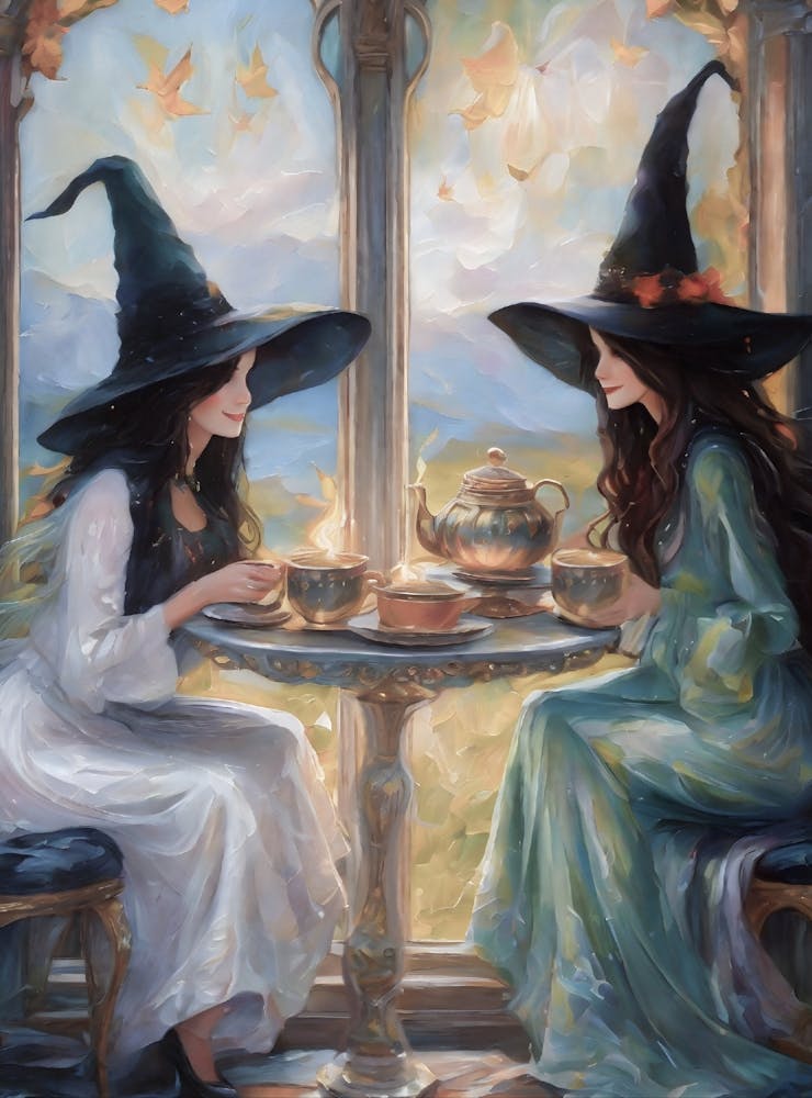 Witch Friends Meet to Drink Tea - Best Witches Have Afternoon Tea and Drinks - Witchy Artwork for Feature Gallery Wall Coven Pagan Wicca Witchcraft Art Fairytale Oil Paint Fancy Magick HD