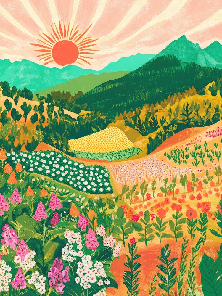 countryside landscape with sunset painting in green, coral, teal – naive landscape art of rolling hills perfect for farmhouse kitchens, cottagecore bedrooms and maximalist living rooms, cozy nurseries