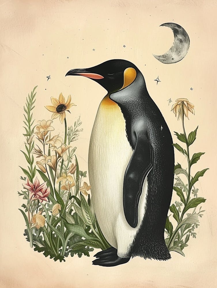 Adlie Penguin Half Moon Island Vintage Botanical Painting 1