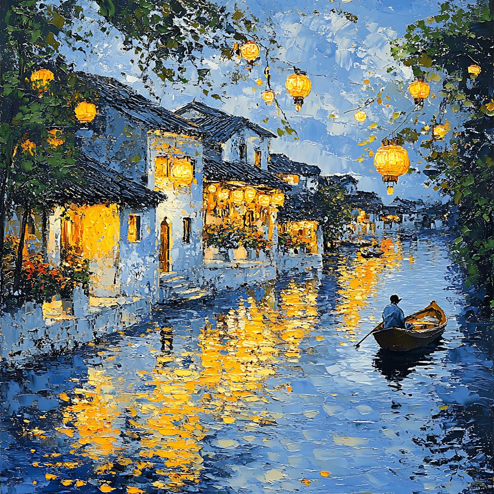 Peaceful Village Waterway Night Scene 1