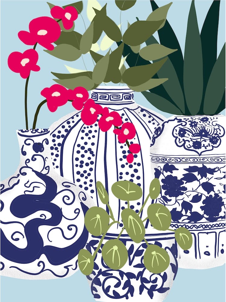 Ginger Jars And Pink Orchids