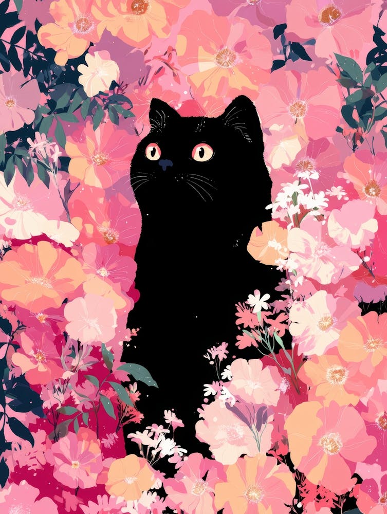 Black Cat In Pink Flowers 2