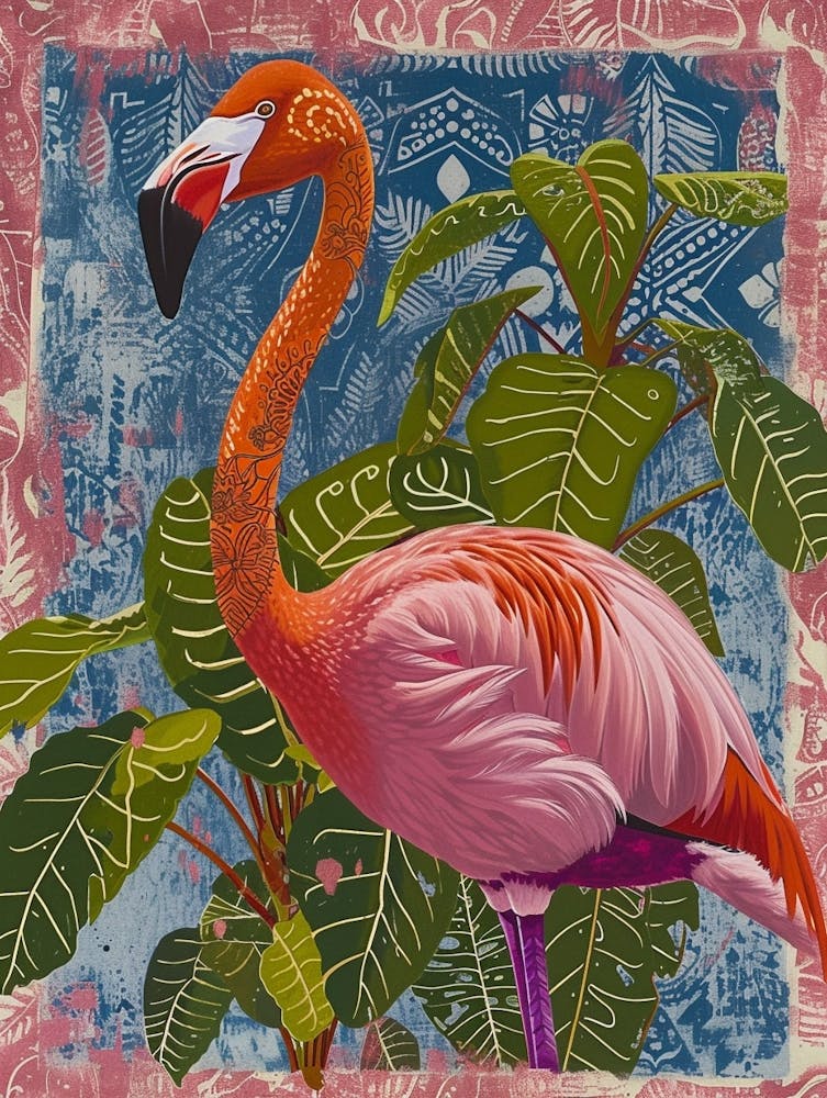 Greater Flamingo And Philodendrons Boho Print 2
