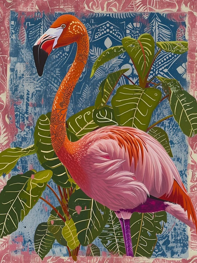 Greater Flamingo And Philodendrons Boho Print 2