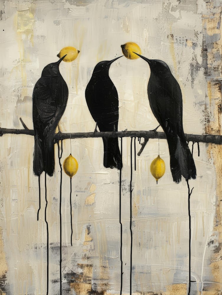Trois oiseaux mangeant des citrons