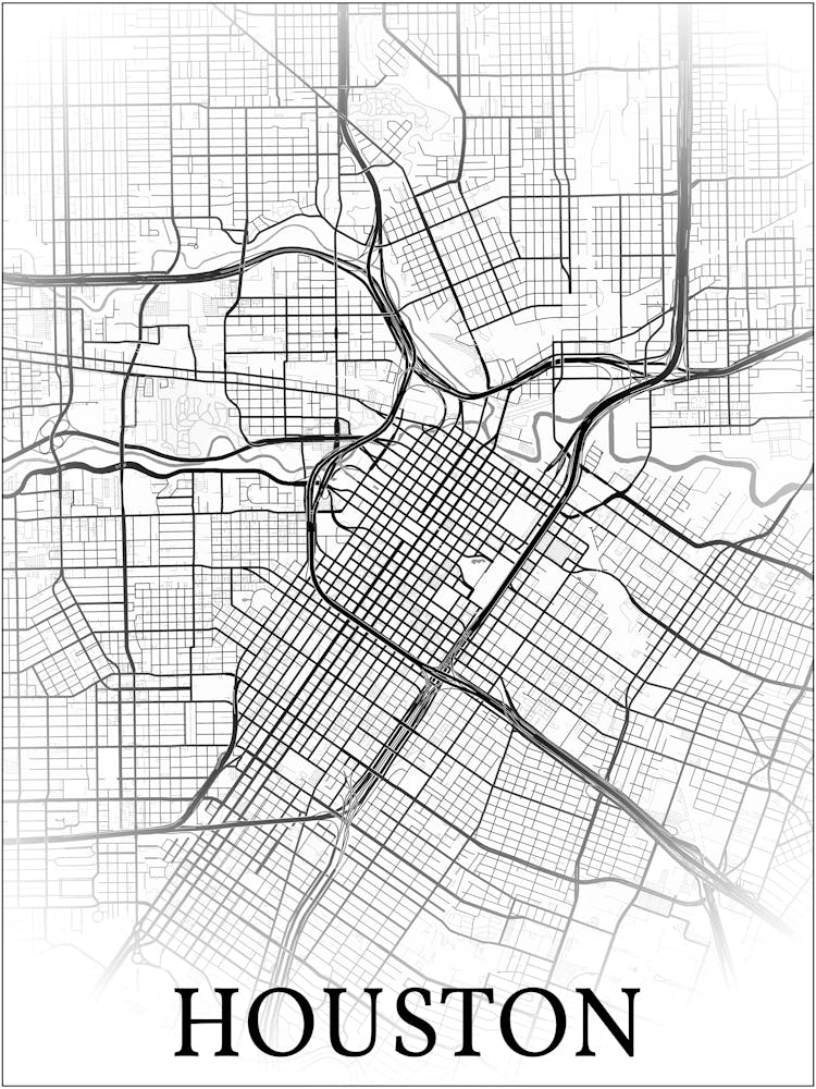 Houston, Texas, United States, City Map, Black And White Fade Design
