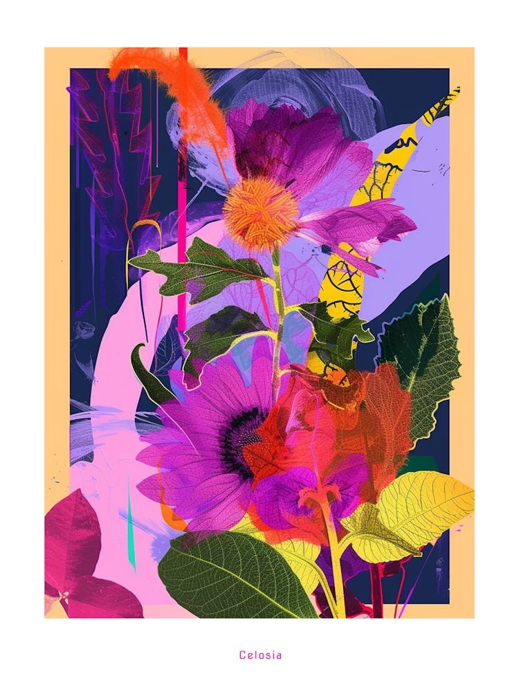 Celosia 3 Neon Flower Collage Poster
