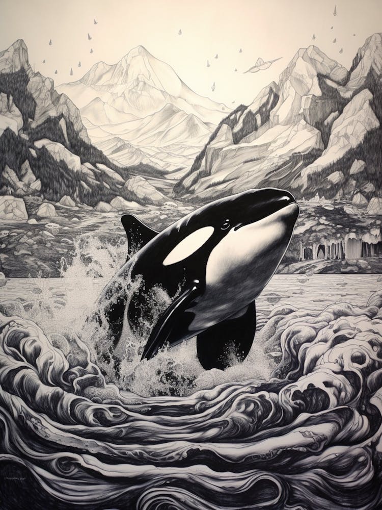 Black Pen Drawing Of Orca Whale And Waves