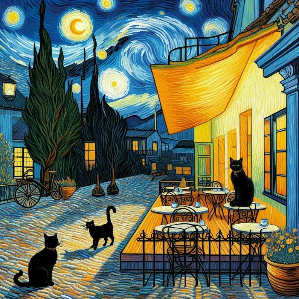 cafe terrace Starry Night with cat
