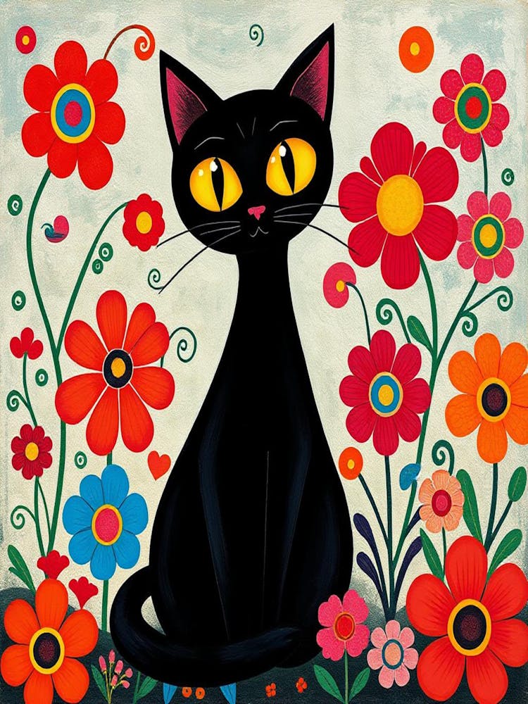 Black Cat In Flowers 2
