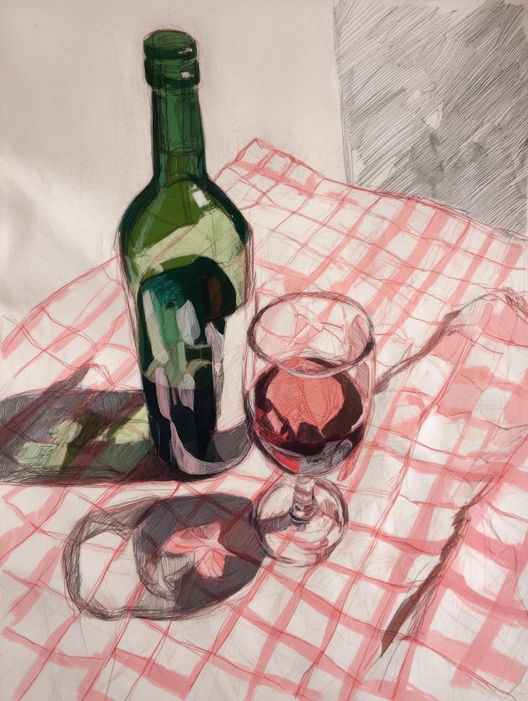 Wine Bottle And Checkered Tablecloth 1