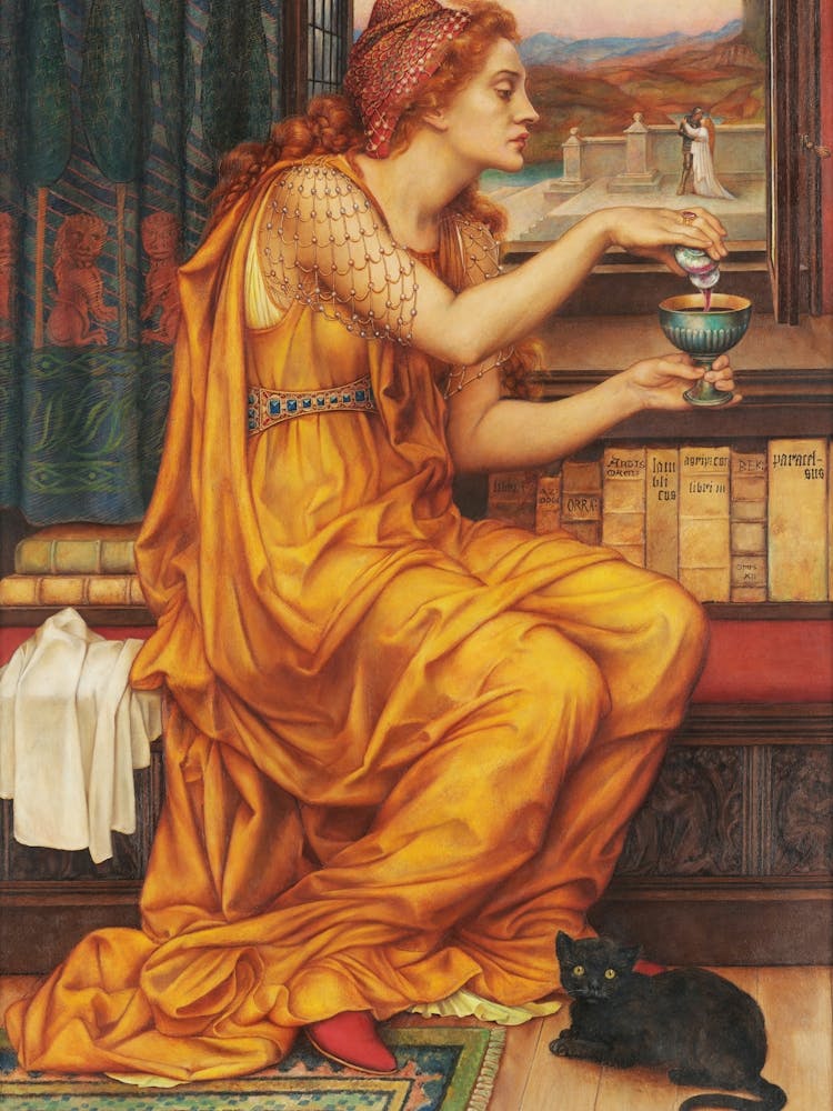 The Love Potion 1908 by Evelyn de Morgan (1855-1919) Remastered in HD Medieval Style Pre-Raphaelite- The Model was Jane Morris - A Witch Pours a Love Potion Whilst a Black Cat Familiar Rests at Her Feet - Sorceress Witchcraft Pagan Wicca Tarot Zodiac Famo