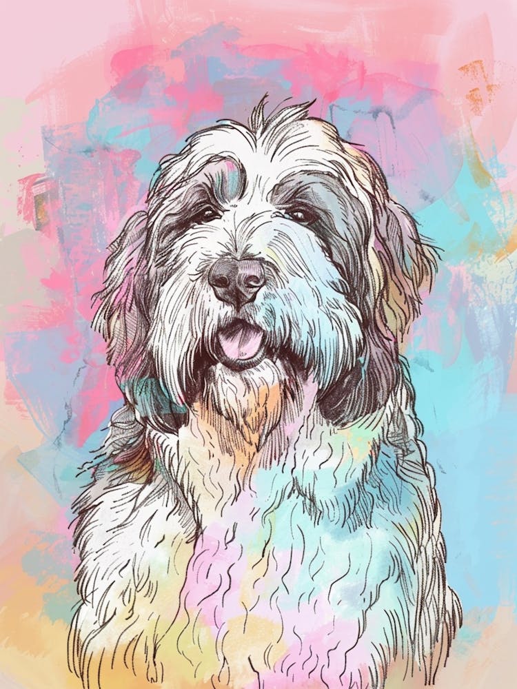 Old English Sheepdog Pastel Line Watercolour Illustration  1