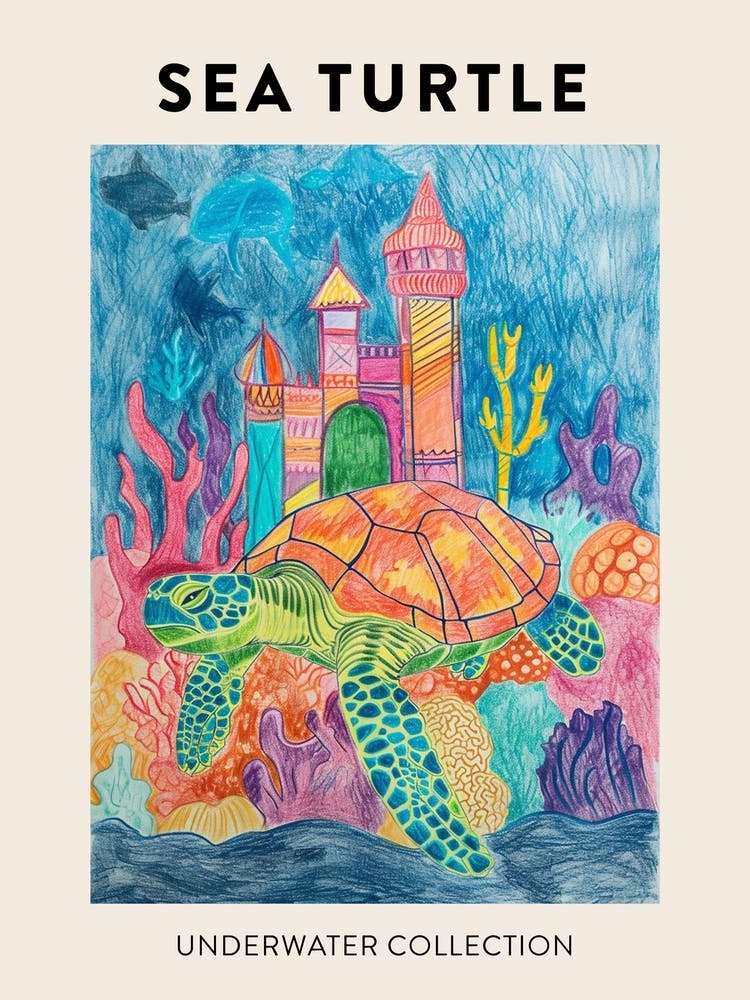 Sea Turtle With An Underwater Castle Pencil Crayon Scribble Poster