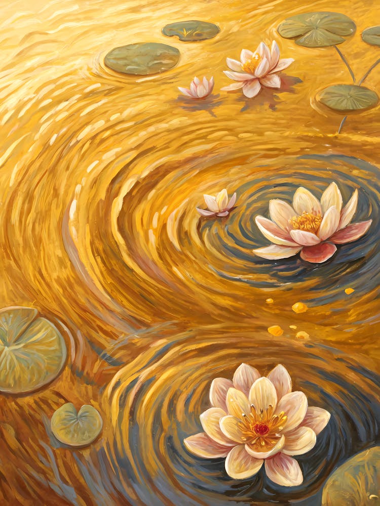 Van Gogh Golden Water Lilies Surreal Pond Art