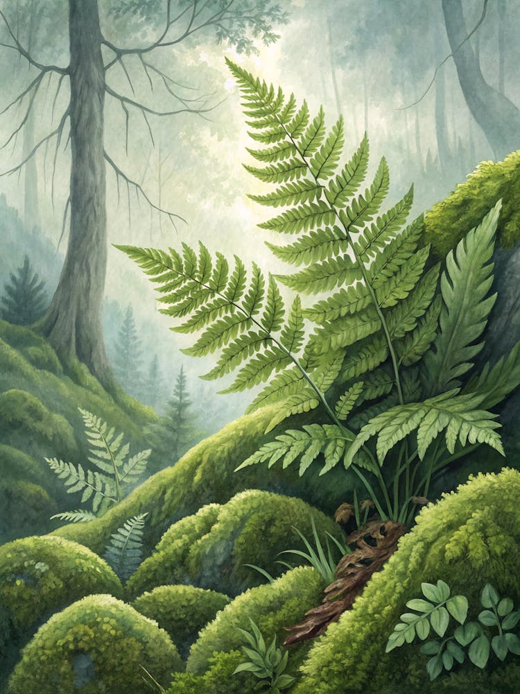 Oil Painting Style Fern And Moss Pattern In Deep